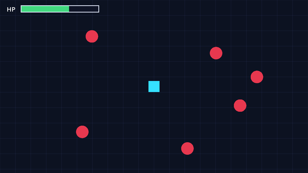 本書で作る最小ゲームの実際の画面。青い四角のプレイヤーを赤い敵が追いかけ、左上に体力バー